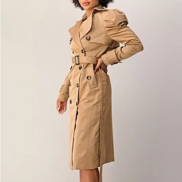 Double Breasted Puffed Shoulder Belted Trench Coat - Picture 6 of 8